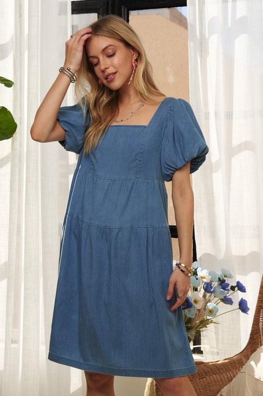 Square Neck Puff Sleeve Denim Dress - Trendy by Luna