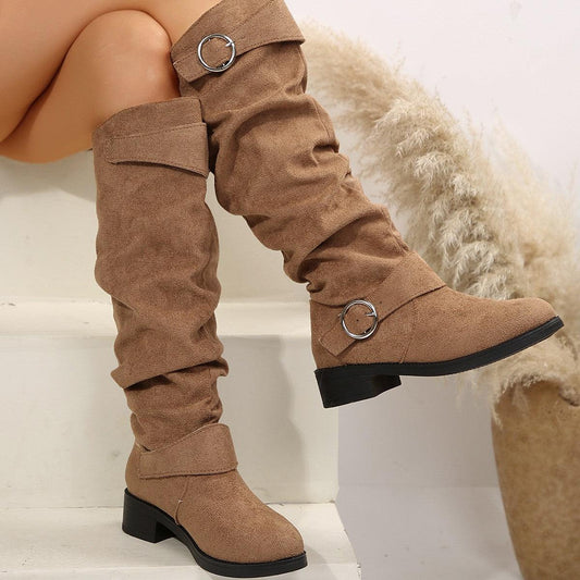 Buckle Round Toe Block Heel Boots - Trendy by Luna