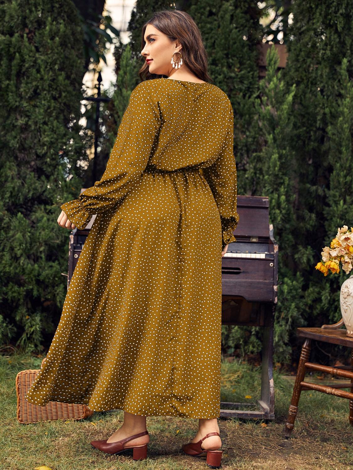 Honey Plus Size Ruffled Polka Dot Long Sleeve Midi Dress - Trendy by Luna