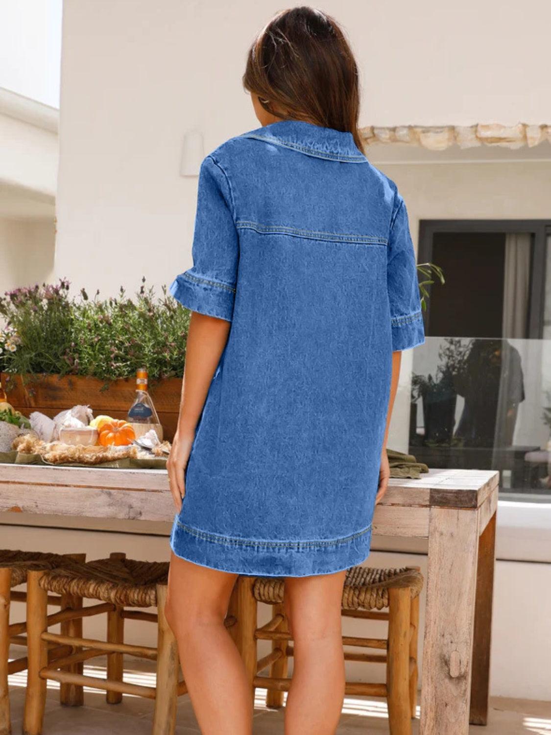 Johnny Collar Half Sleeve Denim Dress - Trendy by Luna