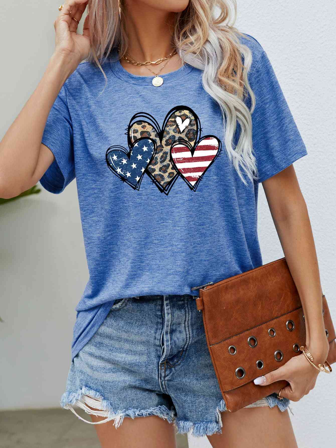 US Flag Leopard Heart Graphic Tee - Trendy by Luna