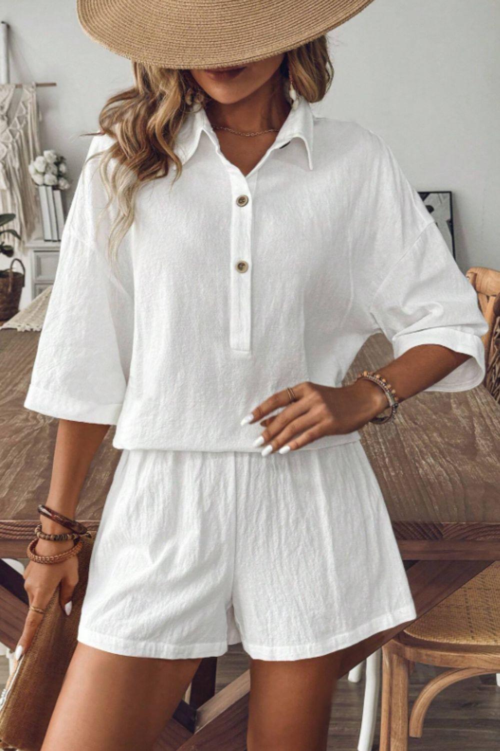 Collared Neck Half Sleeve Top and Shorts Set - Trendy by Luna