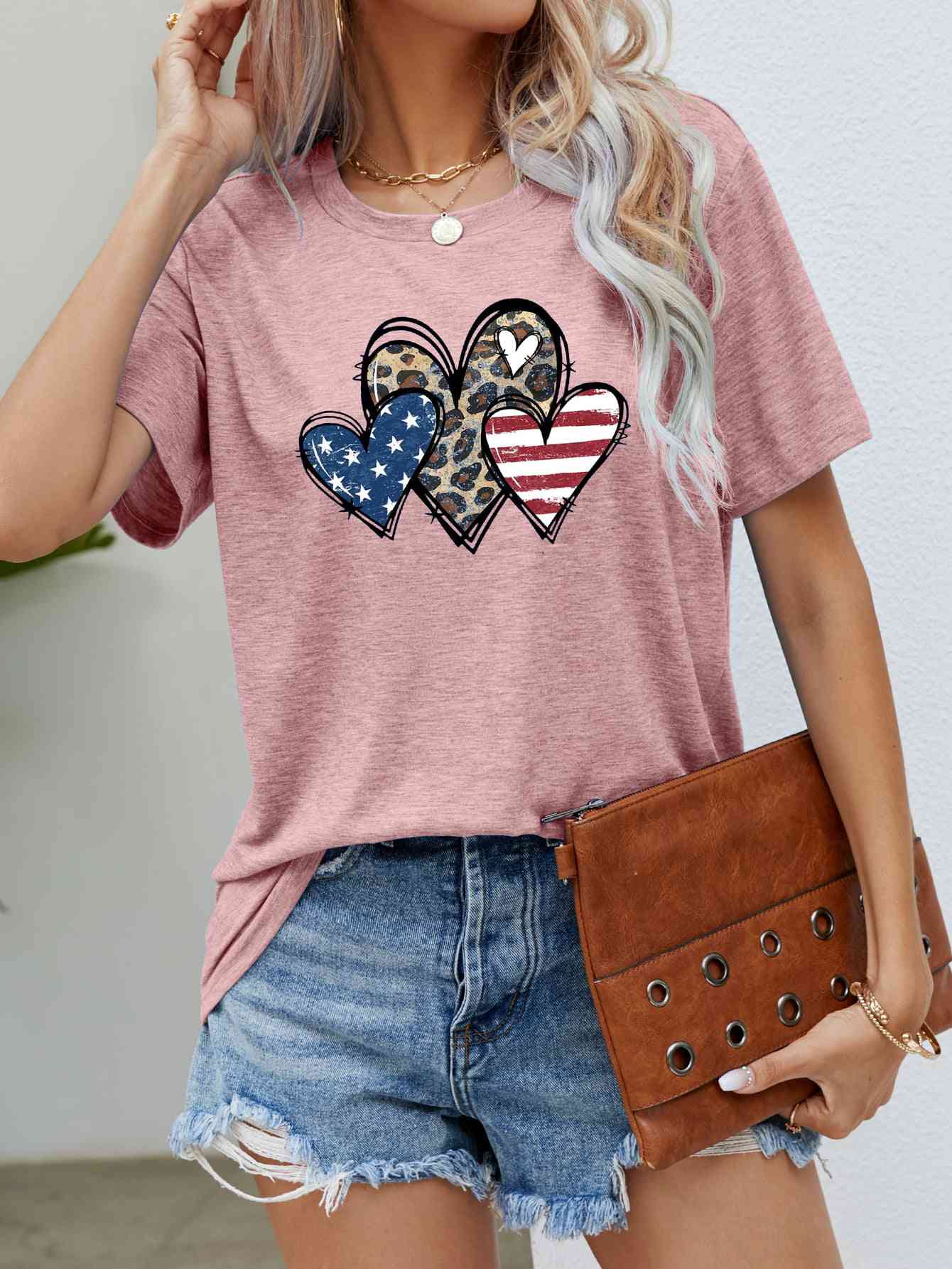 US Flag Leopard Heart Graphic Tee - Trendy by Luna