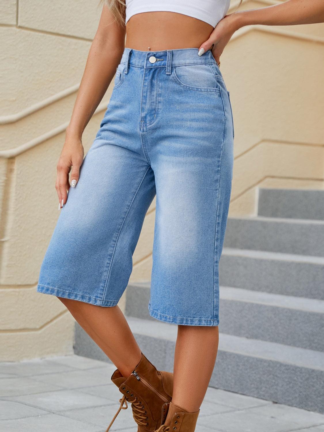 High Waist Denim Shorts with Pockets - Trendy by Luna