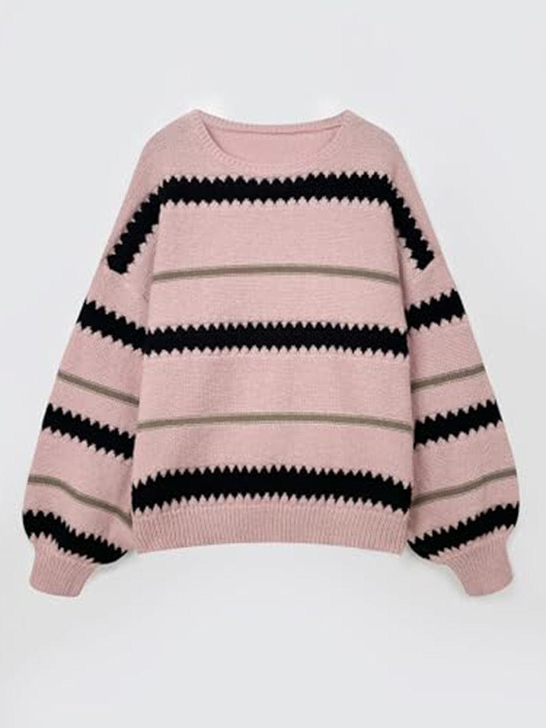 Contrast Striped Round Neck Long Sleeve Sweater - Trendy by Luna