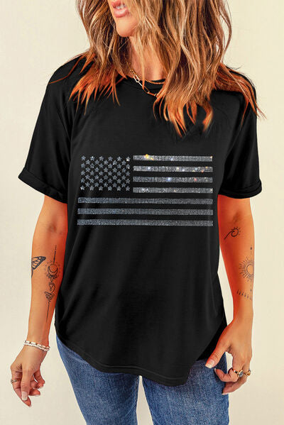 Rhinestone US Flag Round Neck Short Sleeve T-Shirt - Trendy by Luna