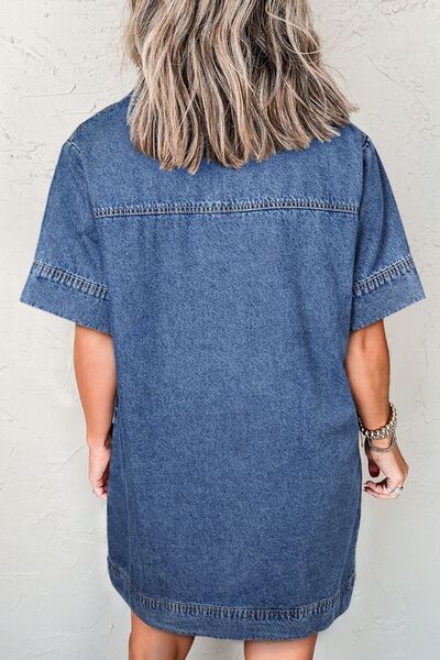 Short Sleeve Collared Patched Pocket Denim Mini Dress - Trendy by Luna