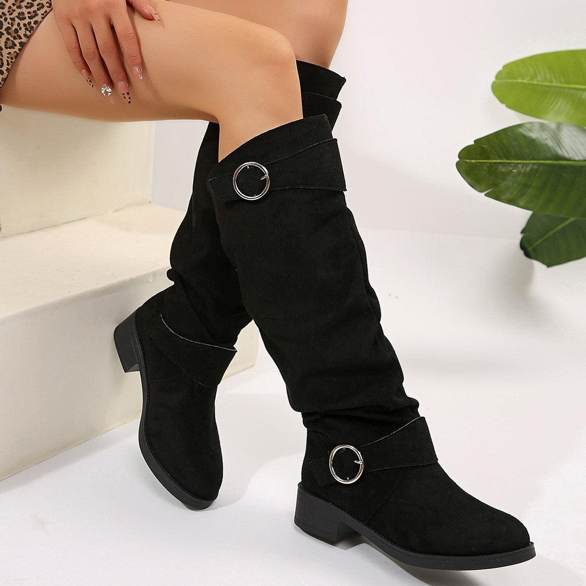 Buckle Round Toe Block Heel Boots - Trendy by Luna