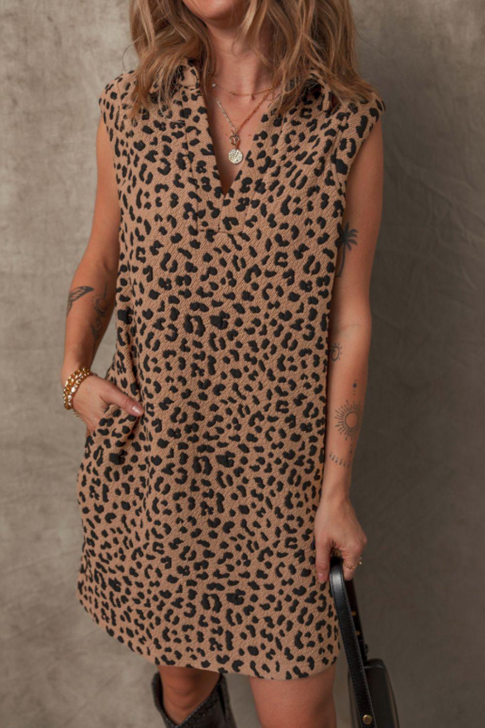 Leopard Johnny Collar Sleeveless Mini Dress - Trendy by Luna