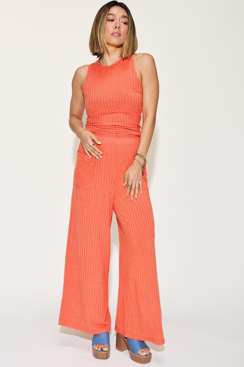 Full Size Ribbed Tank and Wide Leg Pants Set - Trendy by Luna