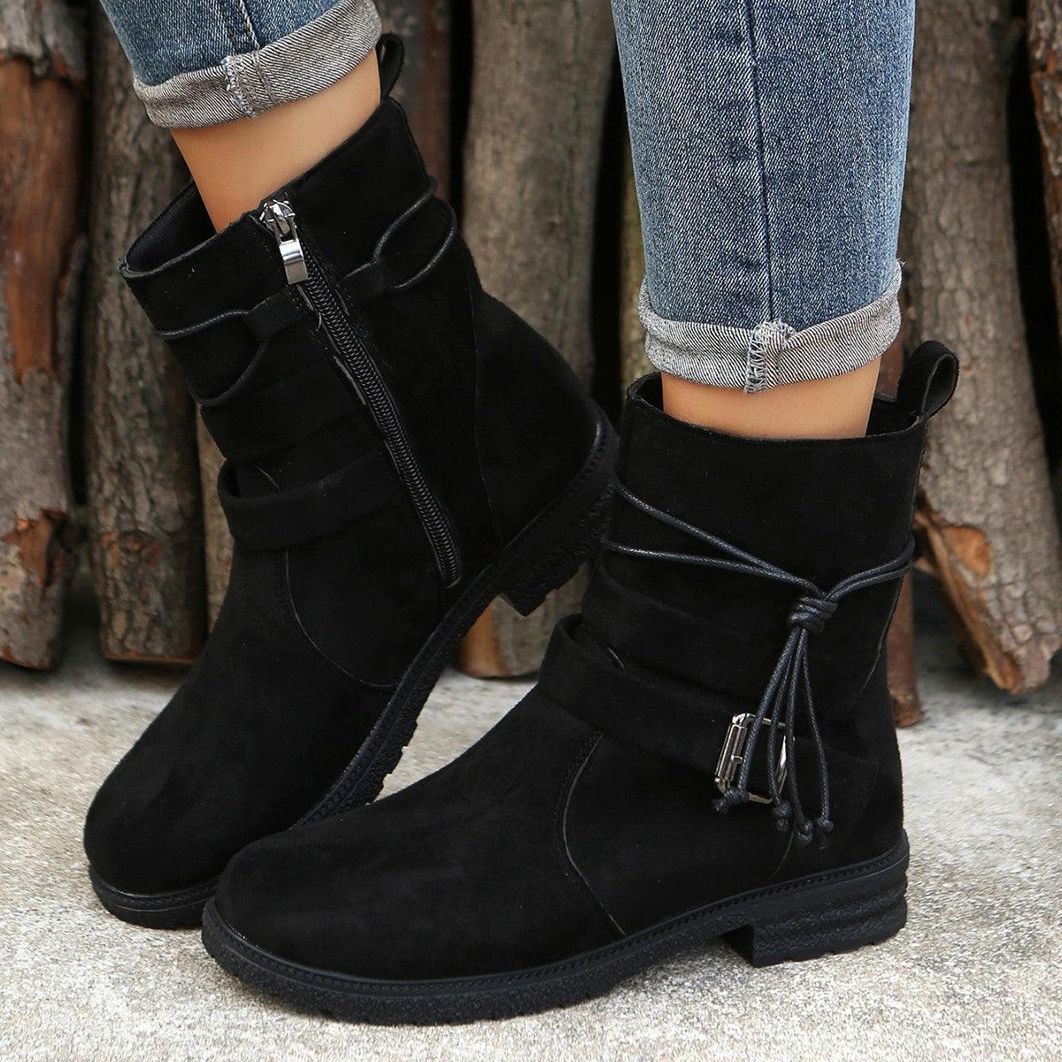 Suede Side Zip Round Toe Boots - Trendy by Luna