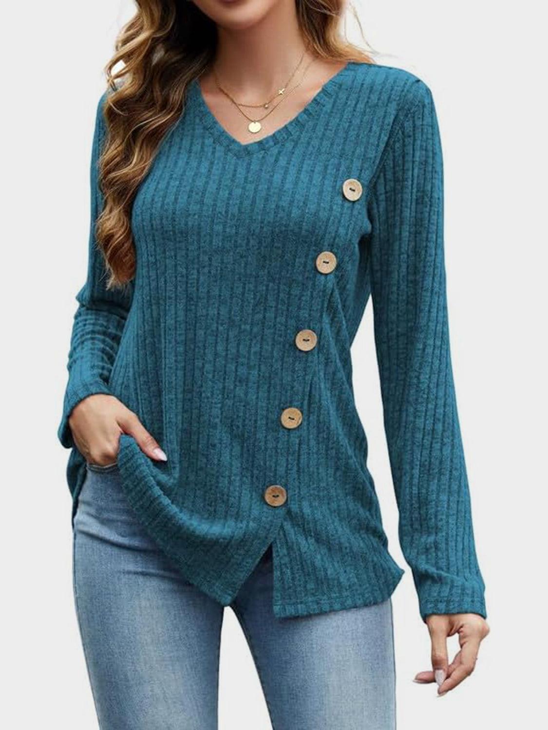 V-Neck Long Sleeve T-Shirt - Trendy by Luna