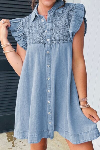 Smocked Collared Neck Cap Sleeve Denim Dress - Trendy by Luna