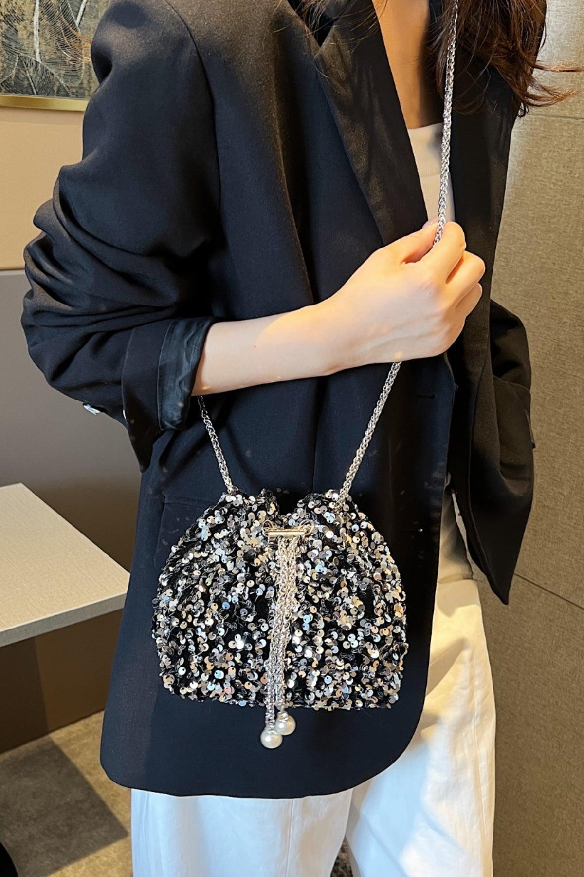 Sequin Chain Drawstring Bucket Bag - Trendy by Luna