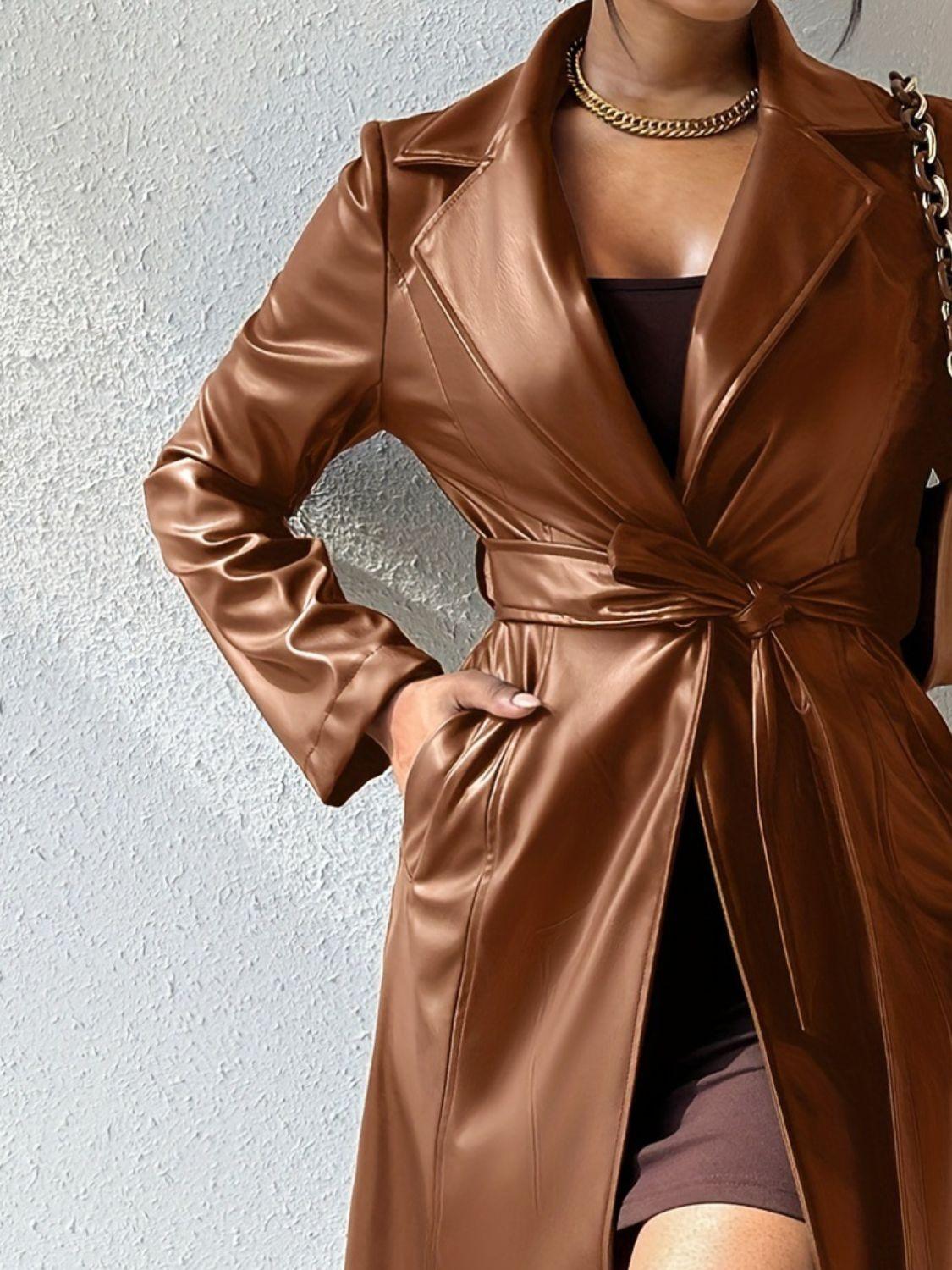 Tied PU Leather Long Sleeve Trench Coat - Trendy by Luna