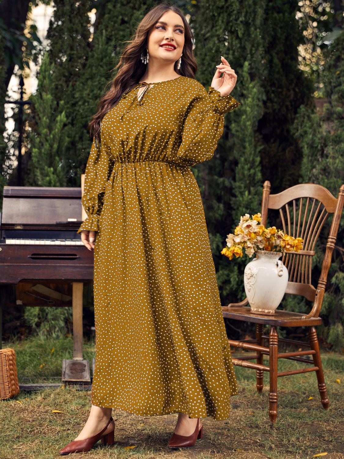 Honey Plus Size Ruffled Polka Dot Long Sleeve Midi Dress - Trendy by Luna