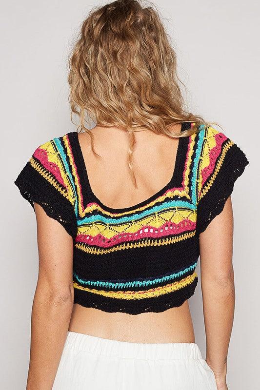 POL Openwork Ethnic Pattern Square Neck Cropped Knit Top - Trendy by Luna