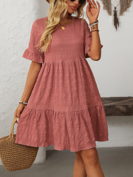 Ruffled Ruched Round Neck Half Sleeve Dress