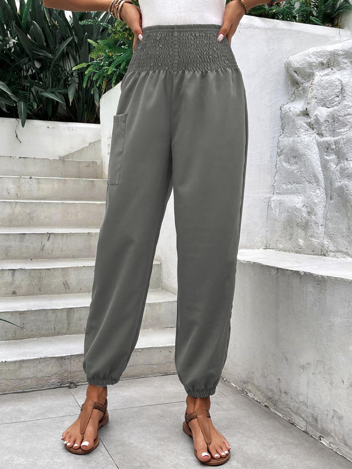 Smocked High Rise Joggers with Pockets - Trendy by Luna