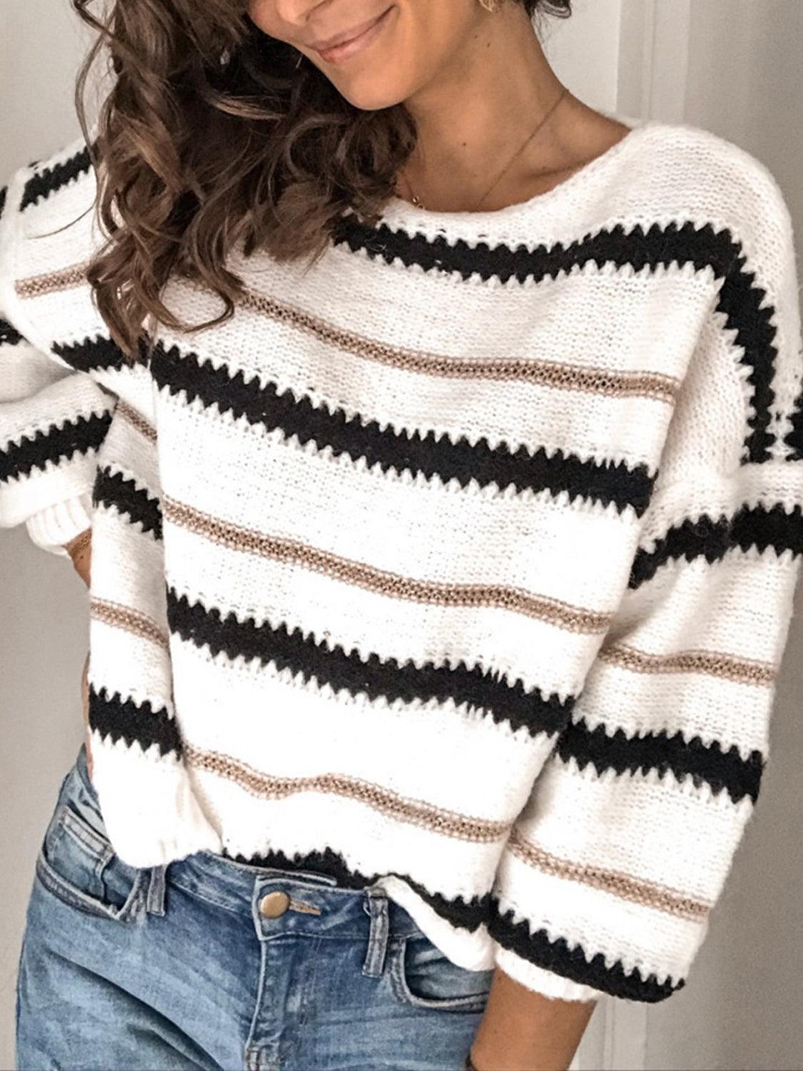 Contrast Striped Round Neck Long Sleeve Sweater - Trendy by Luna