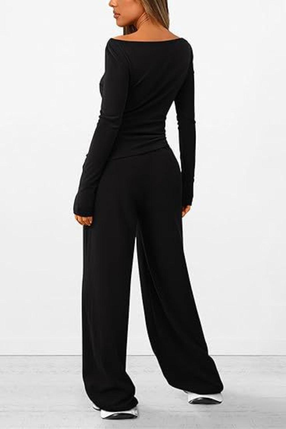 Round Neck Long Sleeve Top and Pants Set - Trendy by Luna