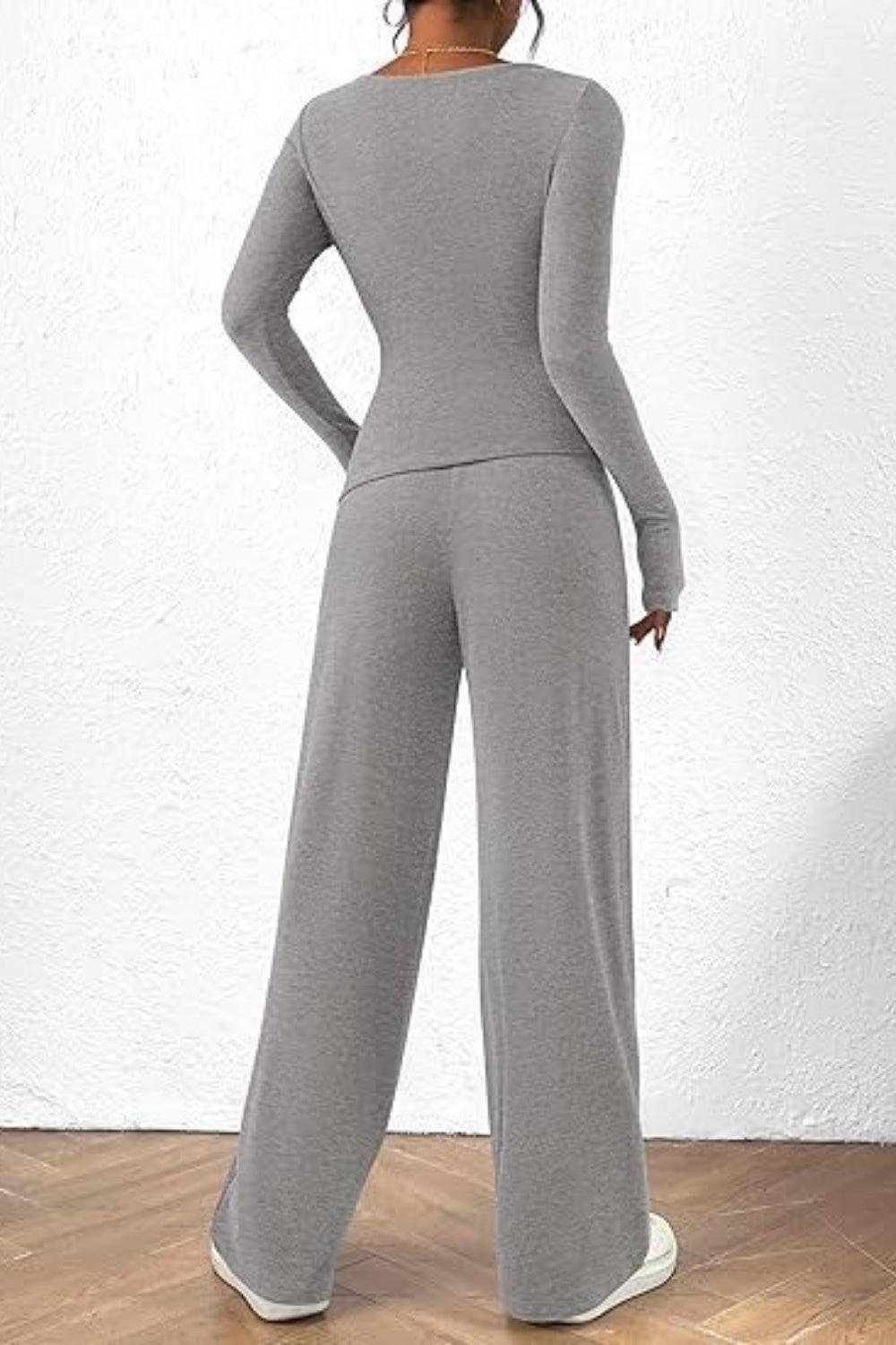 Round Neck Long Sleeve Top and Pants Set - Trendy by Luna