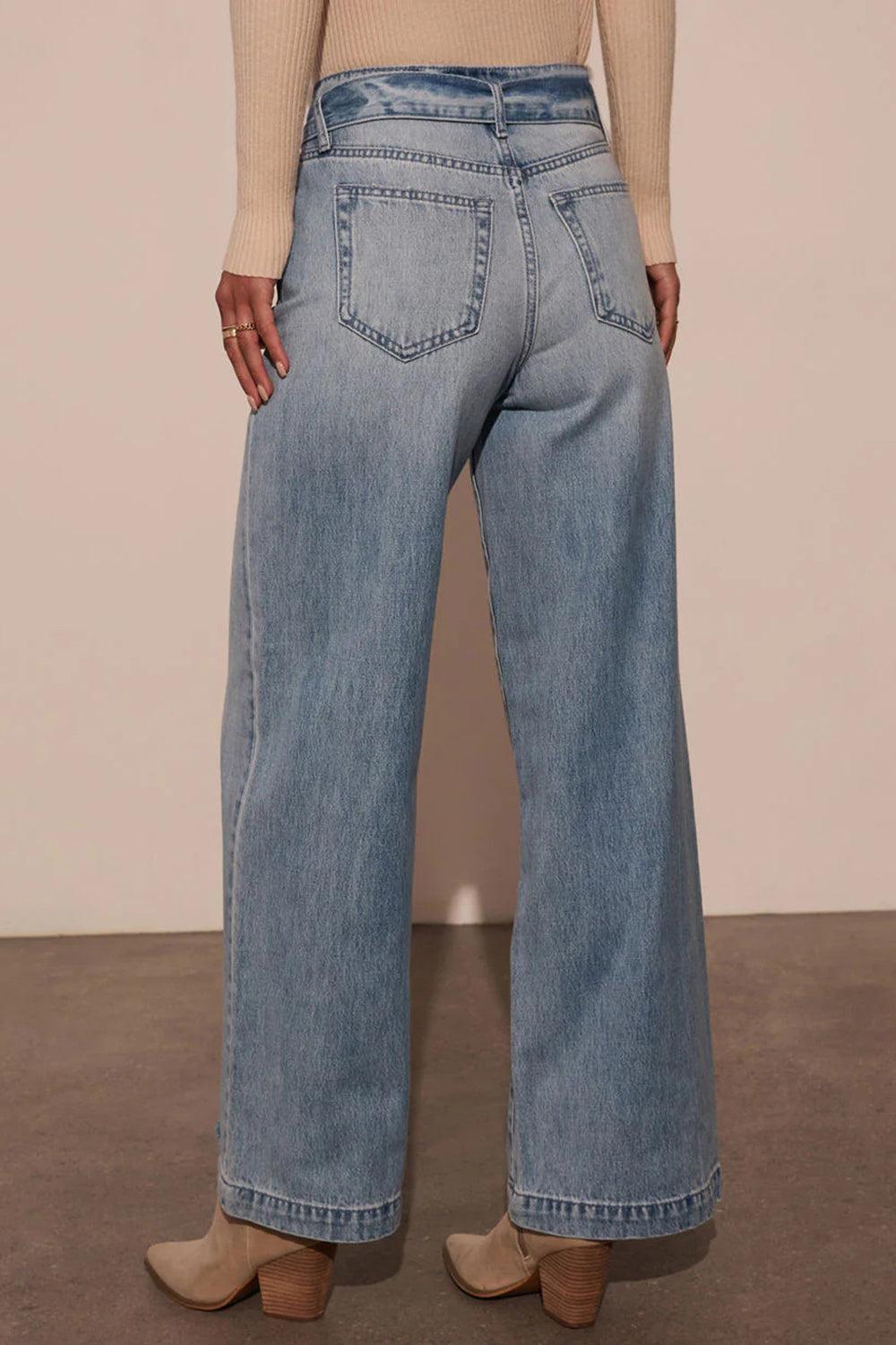 Tied Wide Leg Jeans with Pockets - Trendy by Luna