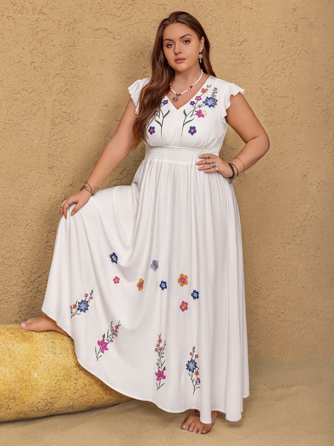 Plus Size Embroidered Floral V-Neck Cap Sleeve Maxi Dress - Trendy by Luna