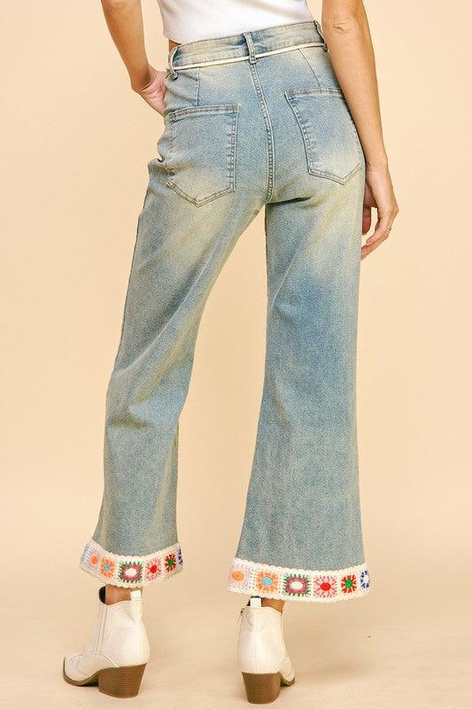 Crochet Trim Flare Jeans with Pockets - Trendy by Luna