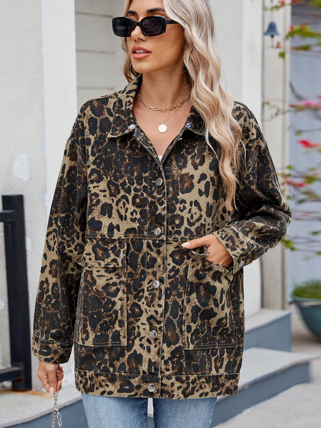 Leopard Button Up Drop Shoulder Denim Jacket - Trendy by Luna