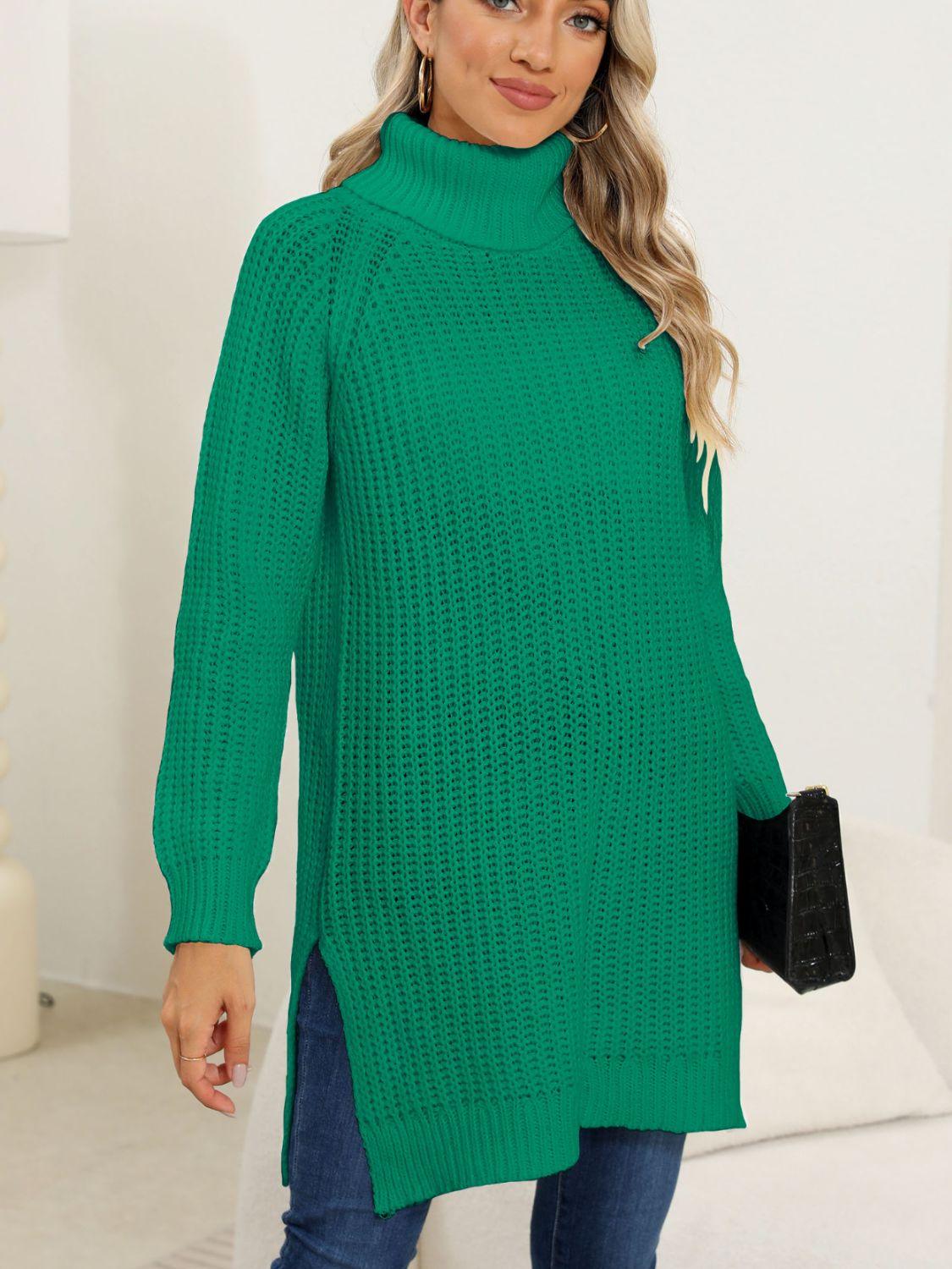 Trendy Slit Turtleneck Long Sleeve Sweater - Trendy by Luna