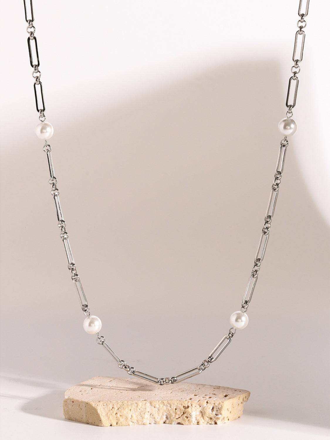 Stainless Steel Pearl Chain Necklace - Trendy by Luna