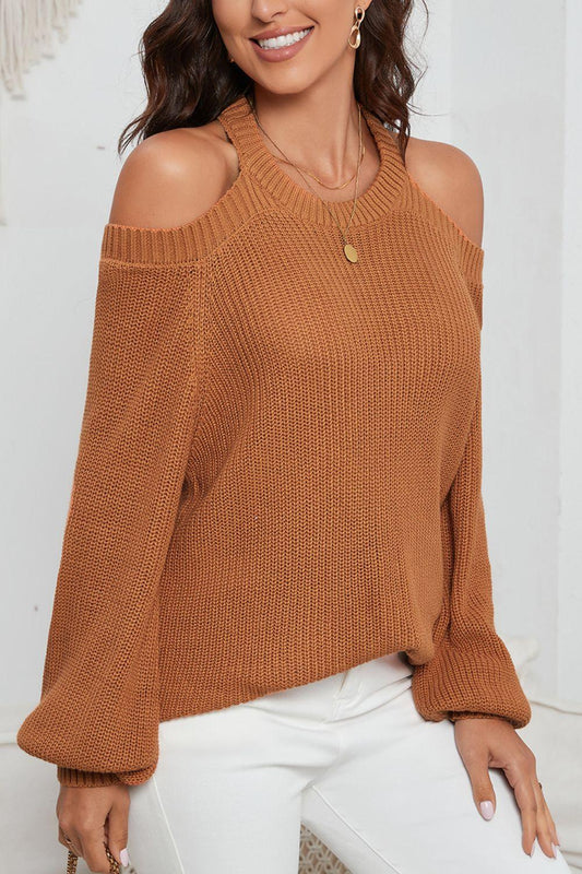 Cutout Back Cold Shoulder Long Sleeve Sweater - Trendy by Luna