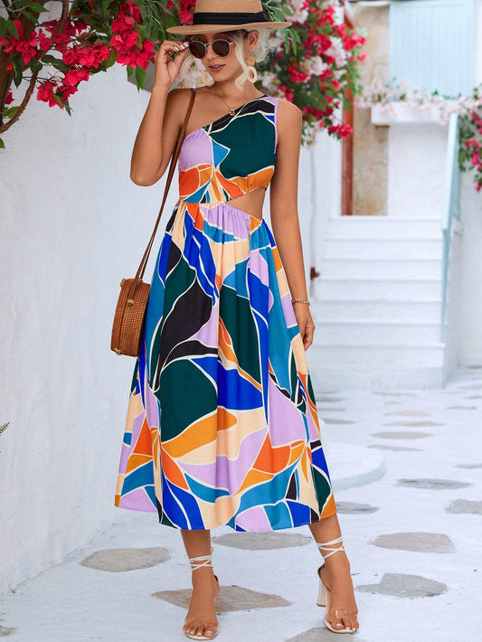 Printed Cutout One-Shoulder Sleeveless Dress - Trendy by Luna