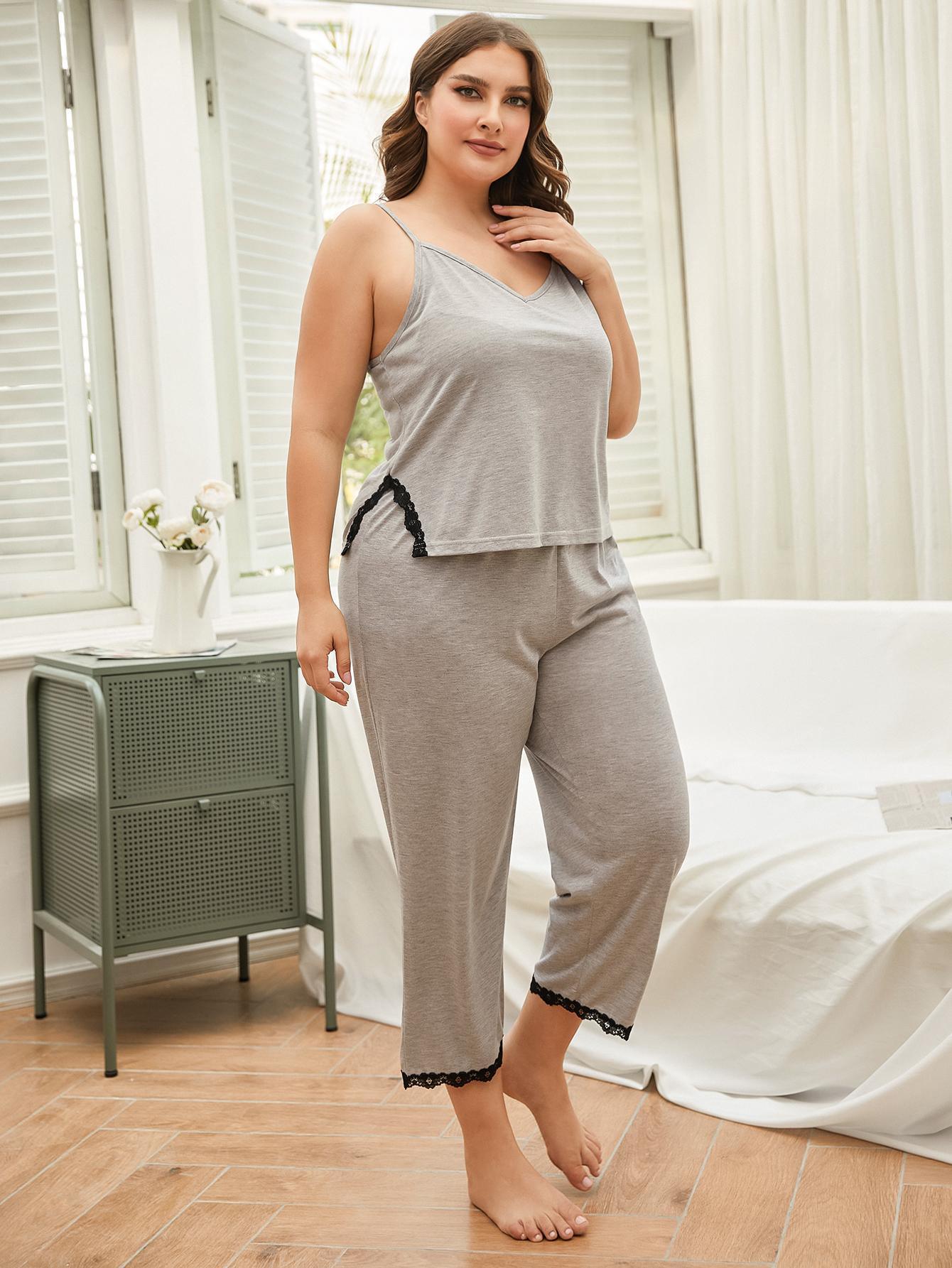 Plus Size Lace Trim Slit Cami and Pants Pajama Set - Trendy by Luna