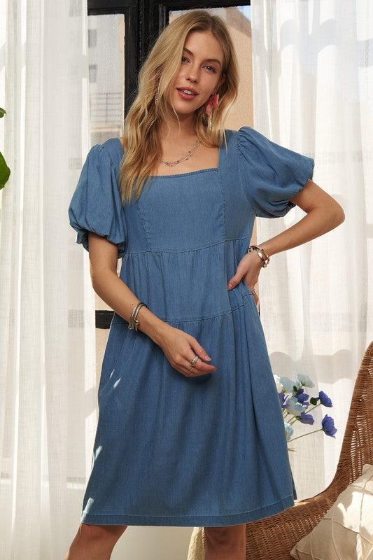 Square Neck Puff Sleeve Denim Dress - Trendy by Luna