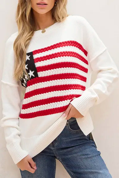 US Flag Round Neck Long Sleeve Knit Top - Trendy by Luna