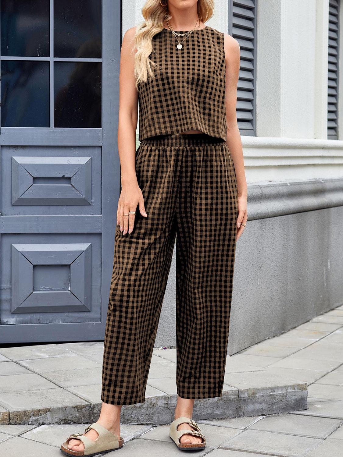 Lovelet Plaid Round Neck Sleeveless Top and Pants Set - Trendy by Luna