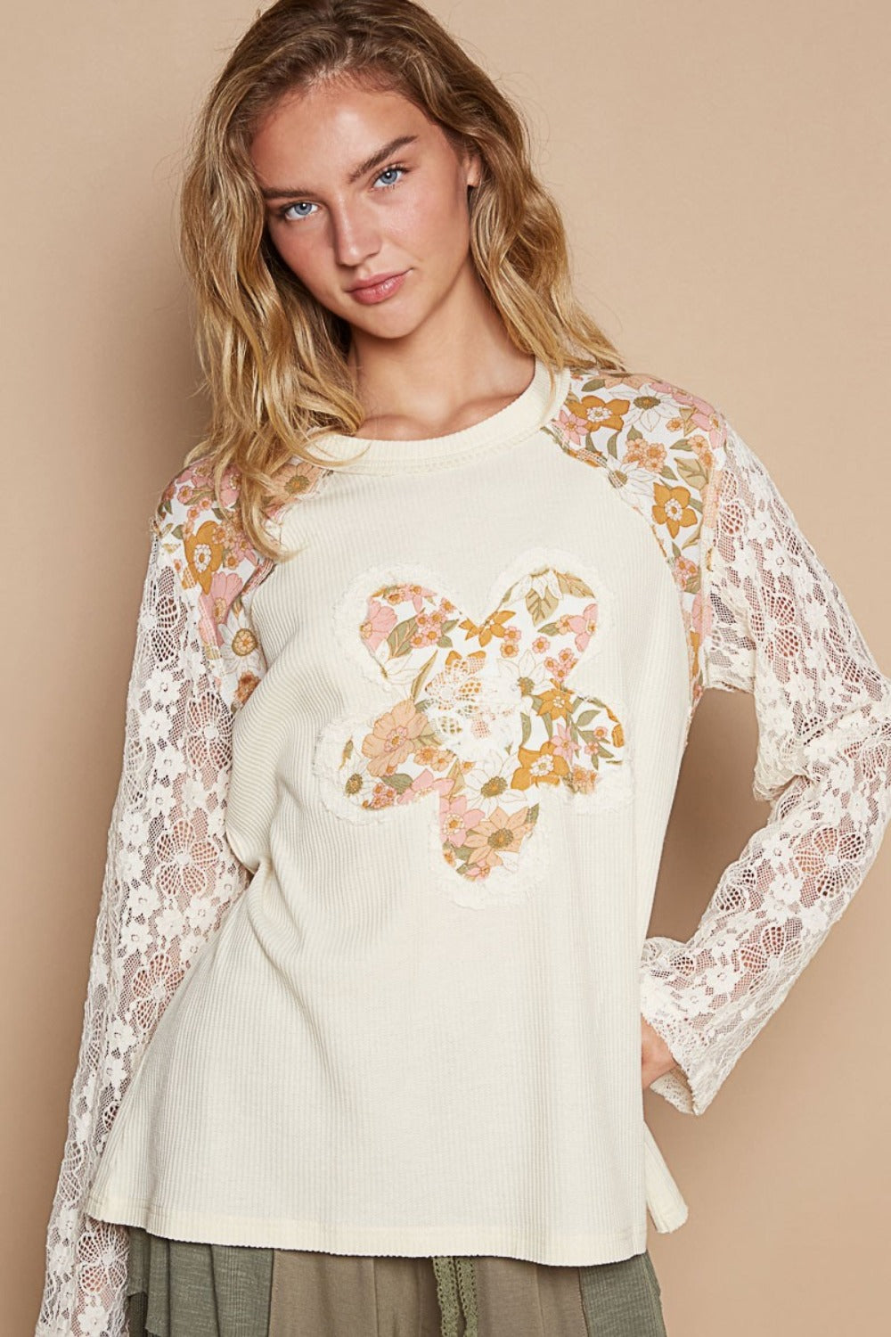 Flower Patch Lace Sleeve Knit Top - Trendy by Luna