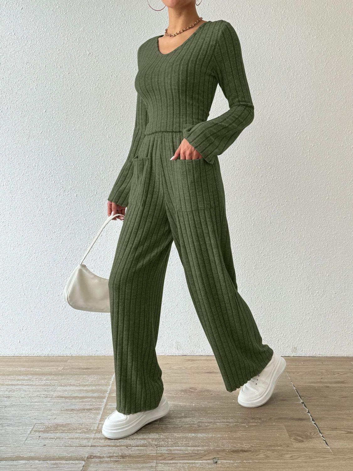 Ribbed V-Neck Long Sleeve Top and Pocketed Pants Set - Trendy by Luna