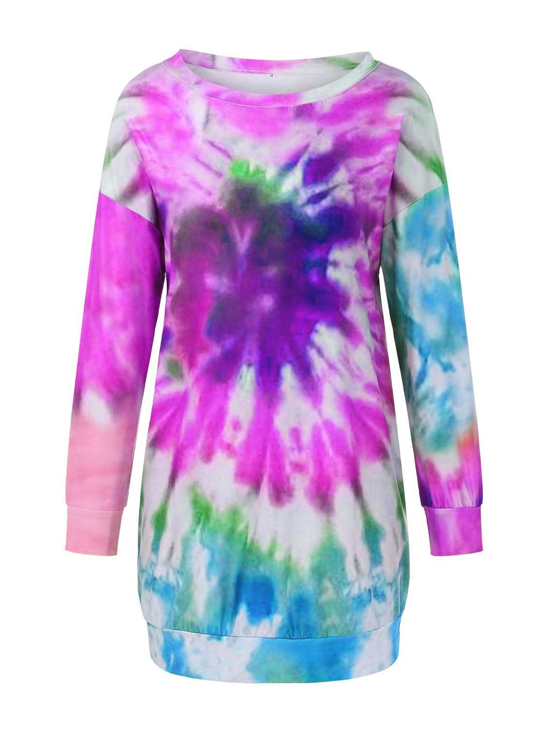 Full Size Tie-Dye Round Neck Long Sleeve Dress - Trendy by Luna