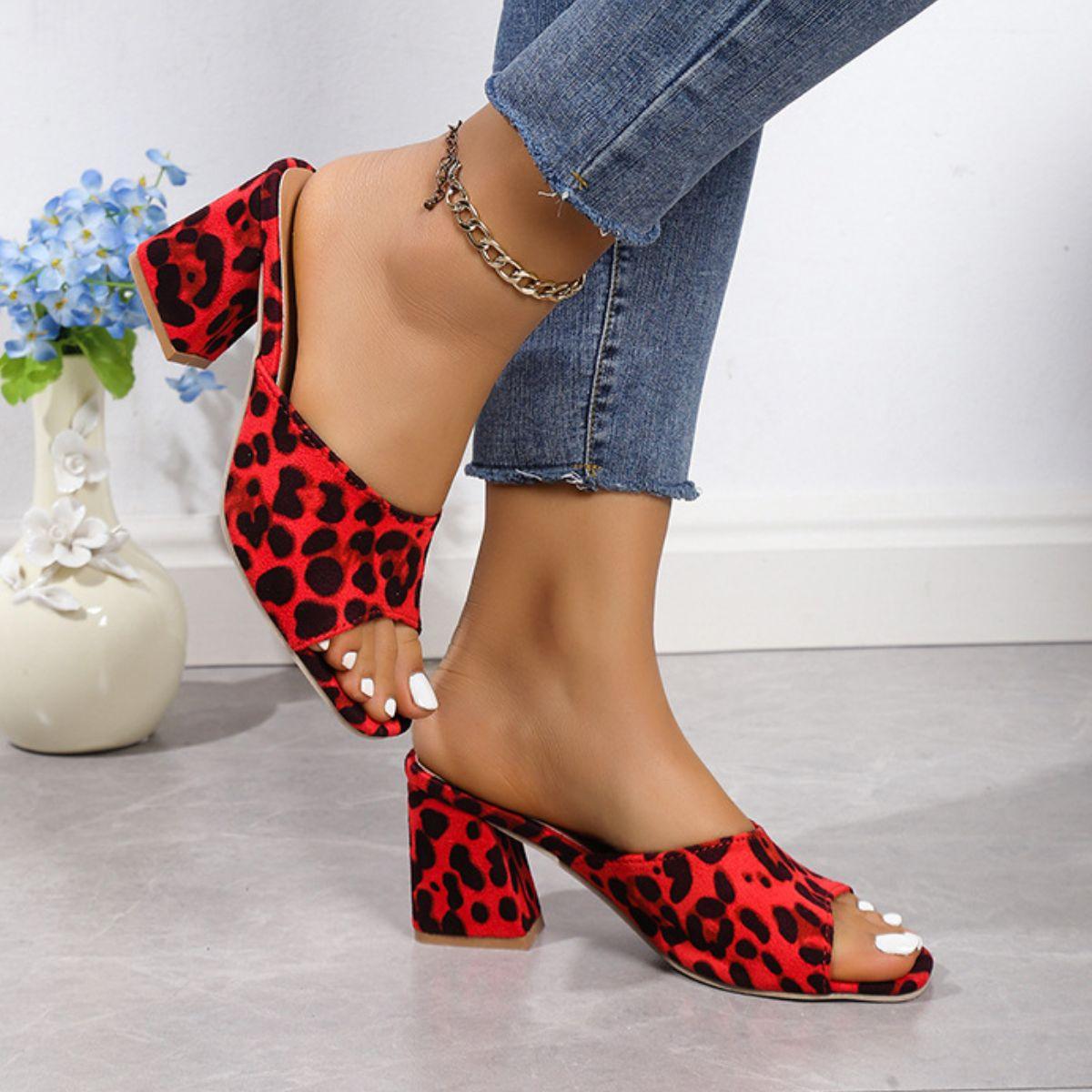 Leopard Block Heel Suede Sandals - Trendy by Luna