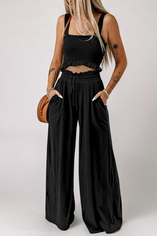 Square Neck Cropped Tank Top and Long Pants Set - Trendy by Luna