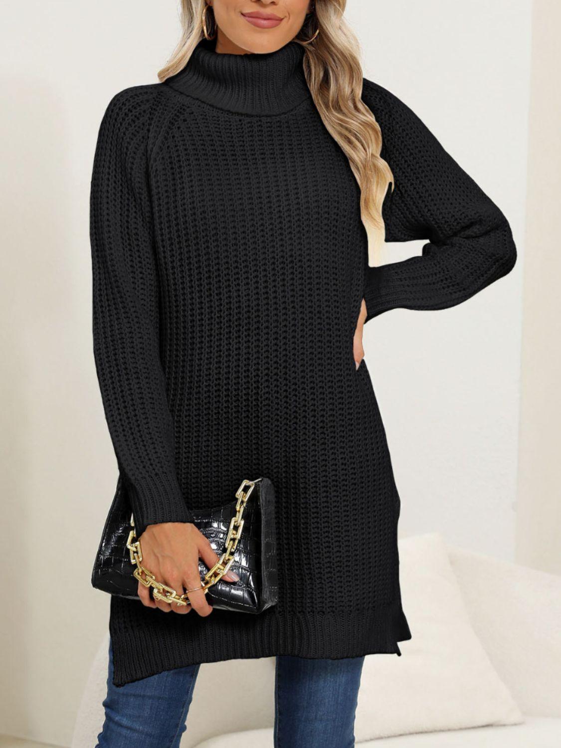 Trendy Slit Turtleneck Long Sleeve Sweater - Trendy by Luna