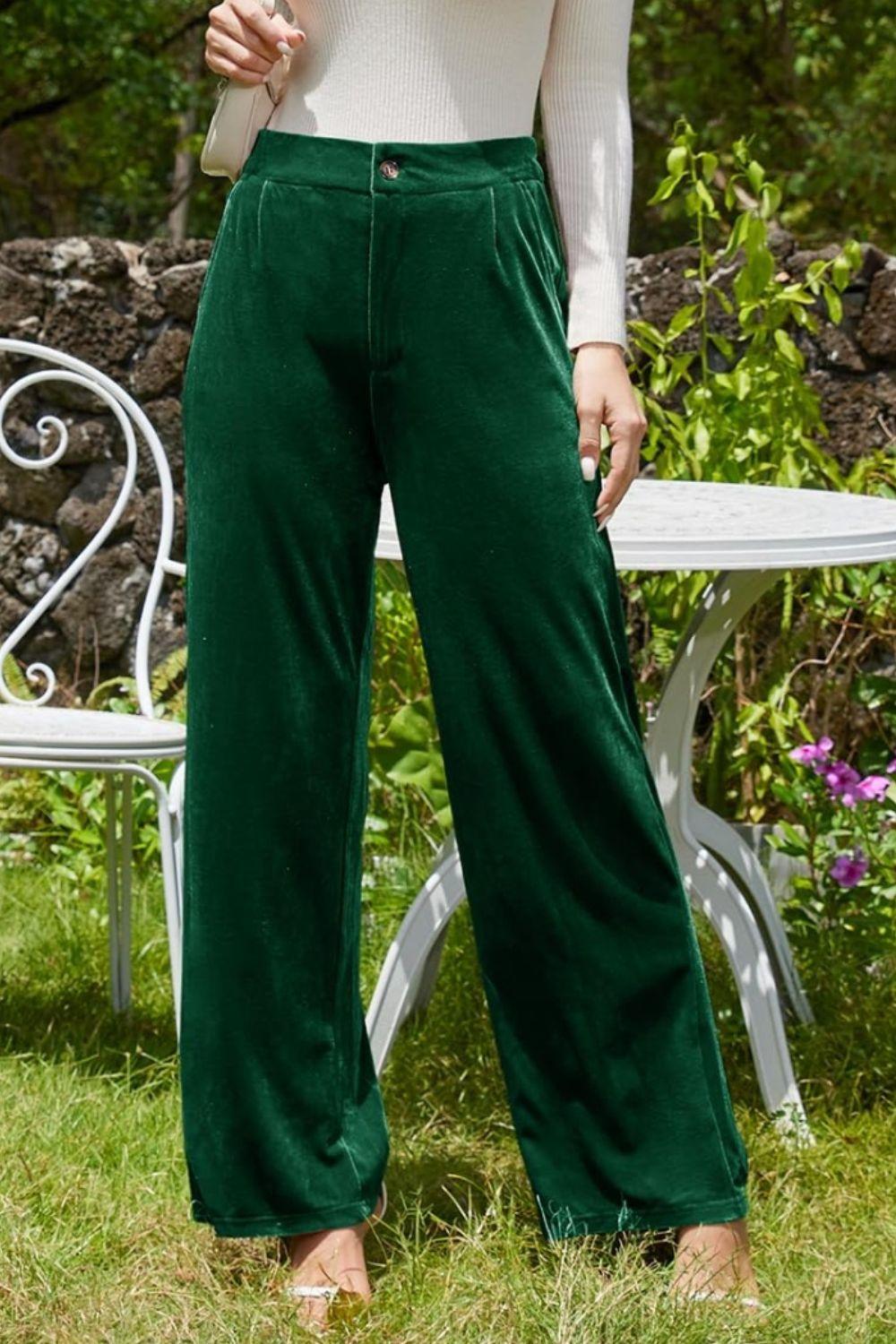 Velvet Wide Leg Pants with Pockets - Trendy by Luna