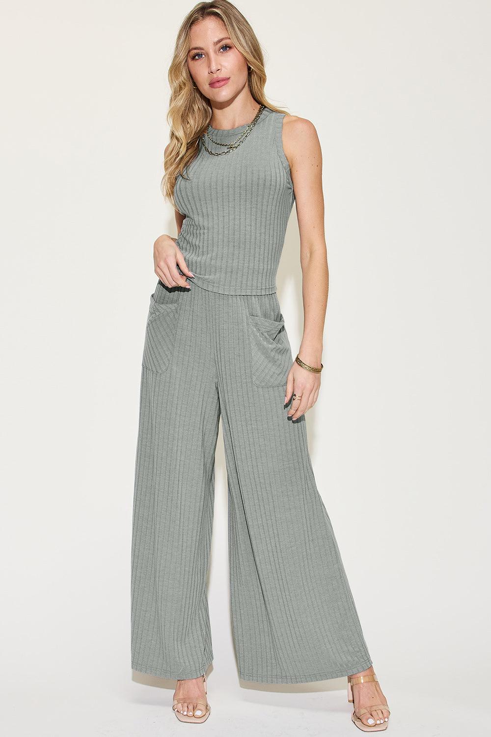 Full Size Ribbed Tank and Wide Leg Pants Set - Trendy by Luna