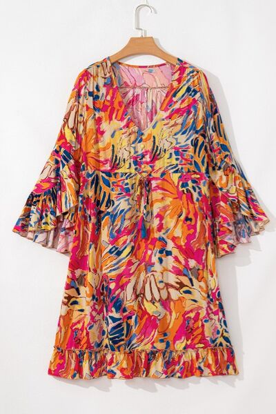 Printed Flare Sleeve Ruffled Hem Dress - Trendy by Luna