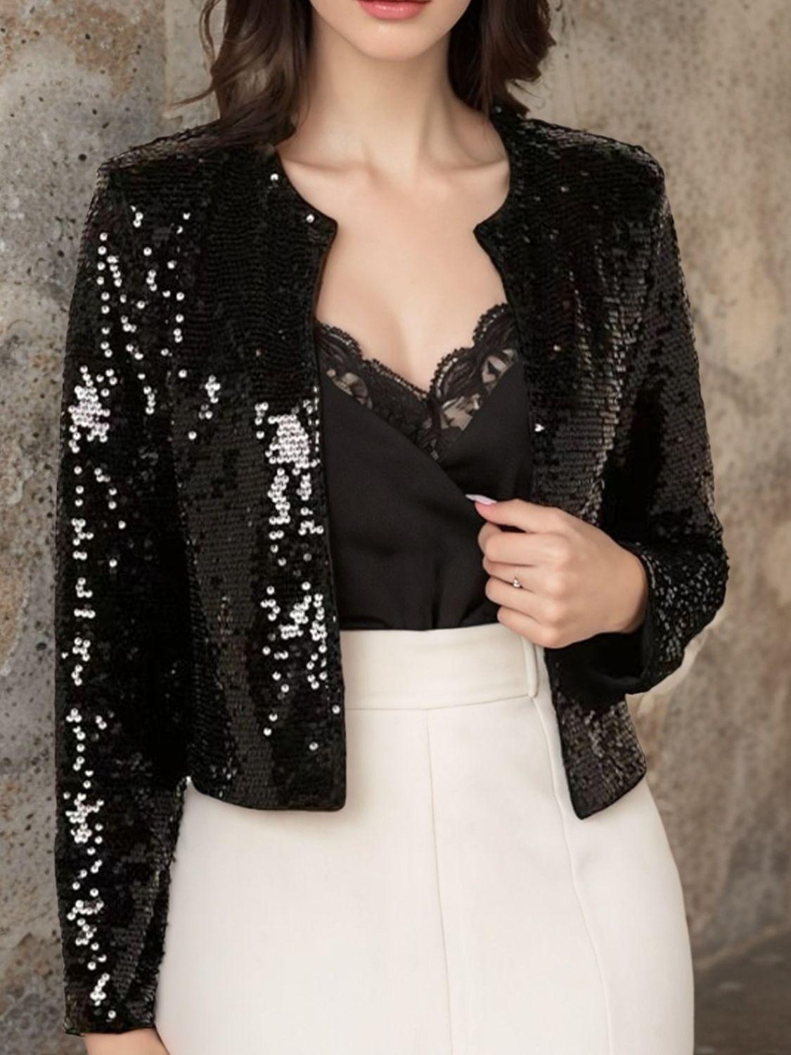 Full Size Sequin Open Front Cropped Jacket - Trendy by Luna