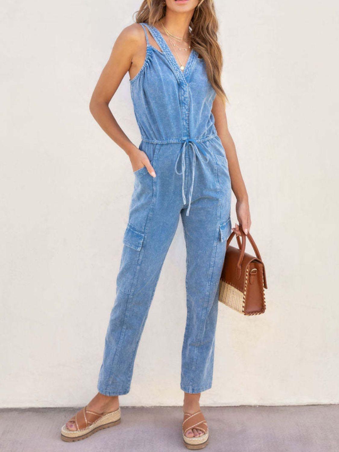 V-Neck Sleeveless Denim Jumpsuit - Trendy by Luna