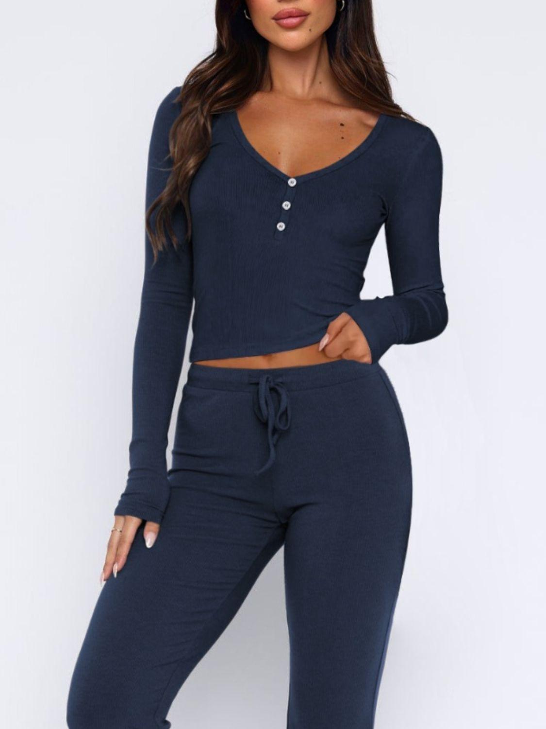 V-Neck Long Sleeve Top and Pants Set - Trendy by Luna